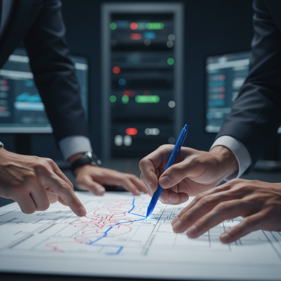 Manos profesionales resolviendo un problema complejo en un plano